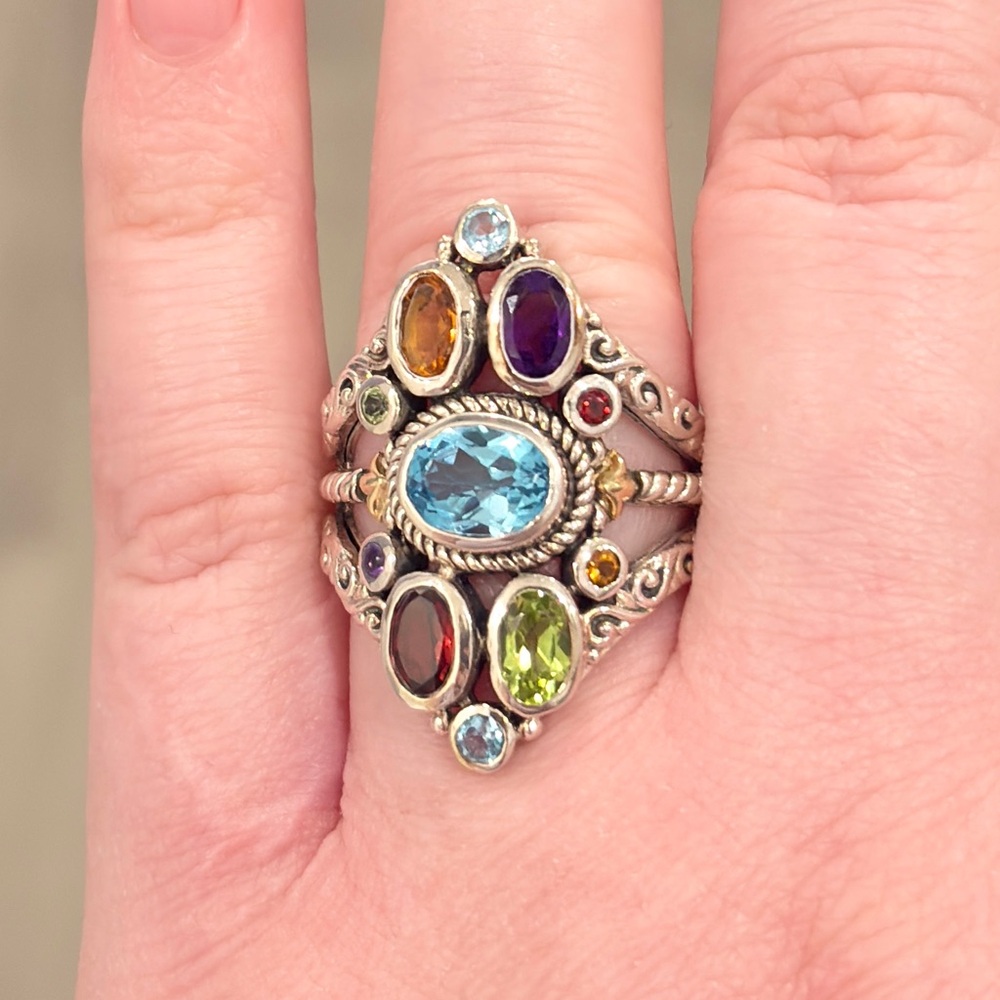 Sterling 18K Large Gemstone Ring, Bali Style Filigree Size 8.5 Rainbow Multigem - Picture 8 of 17